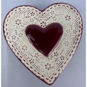 VTG Valentine Heart Trinket Candy Dish Red White Lace Doily Ceramic 6" Decor